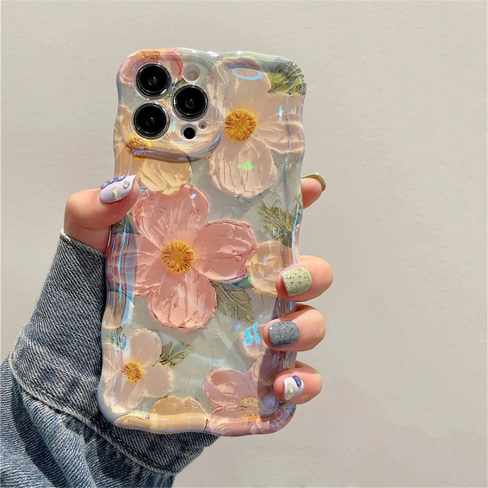 Ottwn Luxury Laser Oil Painting Flowers Phone Cases For iPhone 11 12  