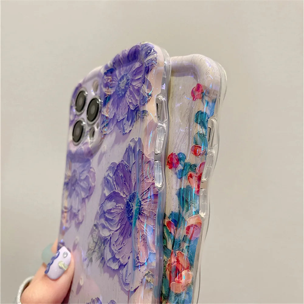 Ottwn Luxury Laser Oil Painting Flowers Phone Cases For iPhone 11 12  